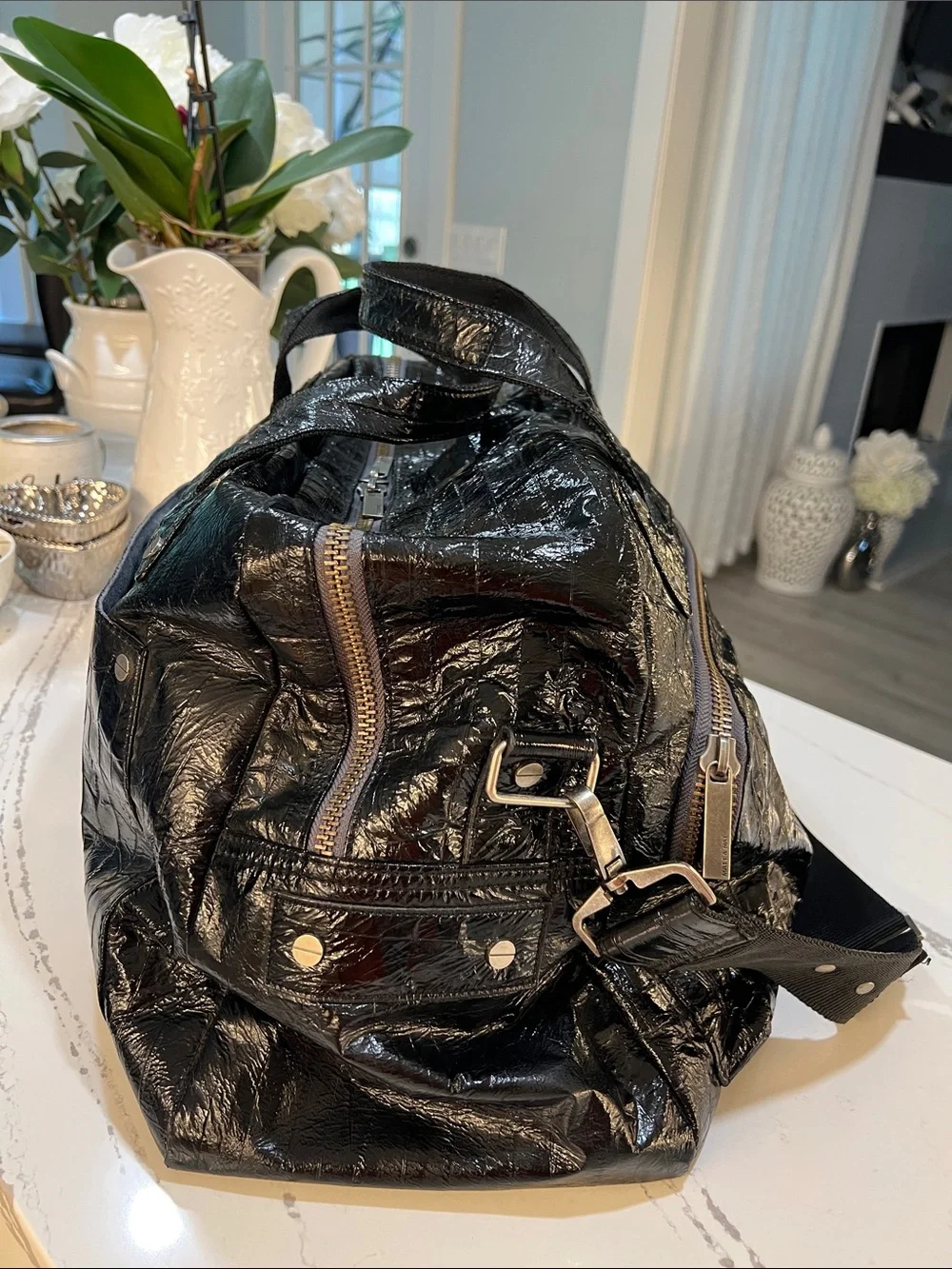 Matt & Nat Unisex Vegan Leather Black Glossy Textured Duffel W/Adjustable Strap